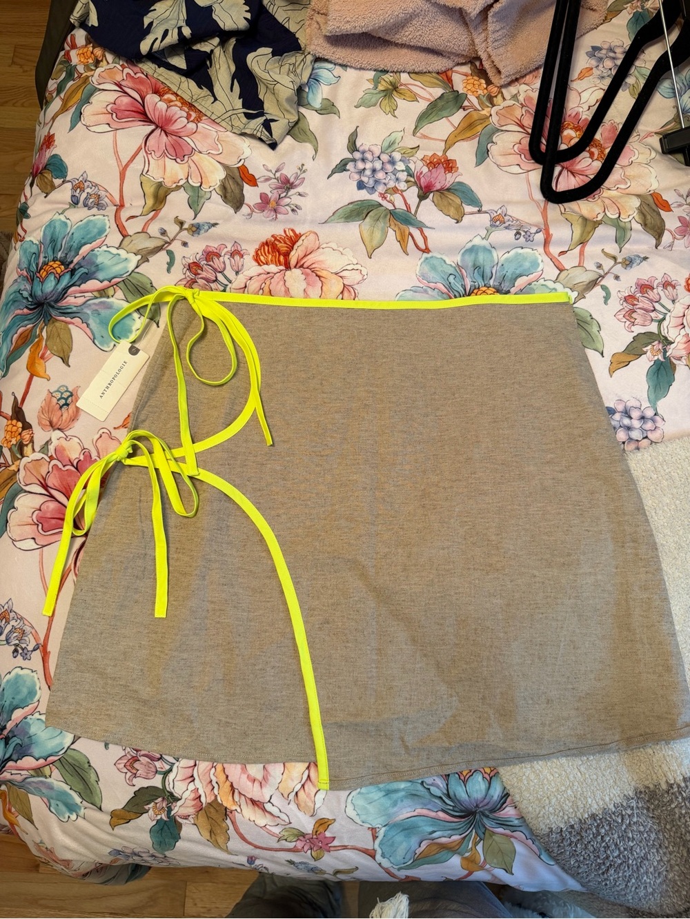 Anthropologie Gray Mini Skirt with Neon Yellow Trim and Tie Details
